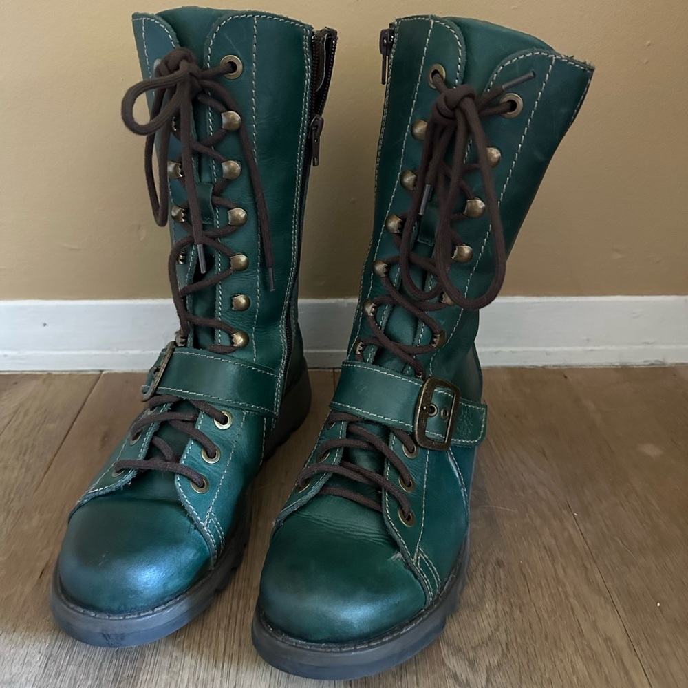 HTF Rate Fly London Lace Up Zip Calf Length Boots 40 9 9.5 Green Petrol Selu